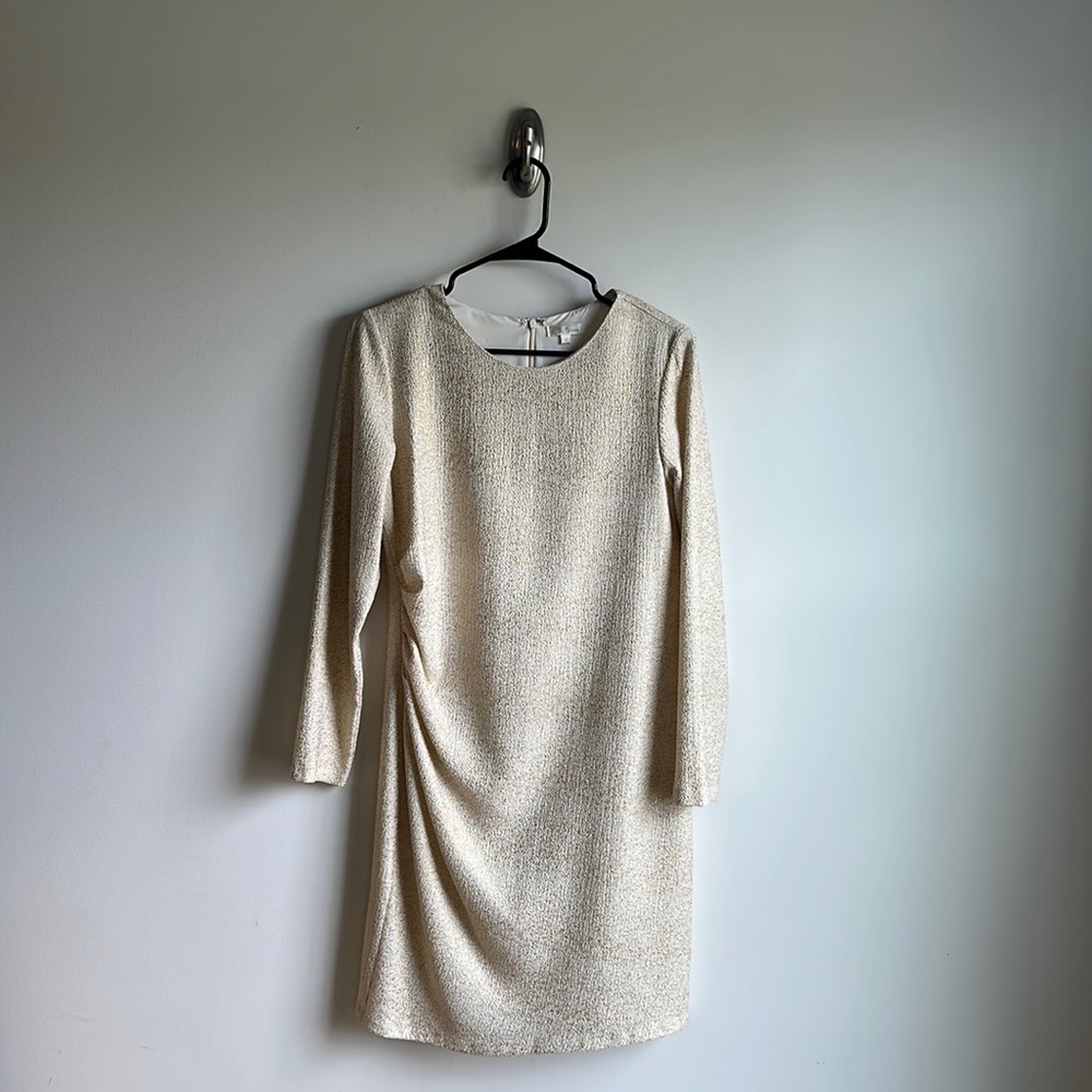 Shoshanna Long-Sleeve Rushed-Side Metallic Dress in Ivory/Gold, Women’s Size 12